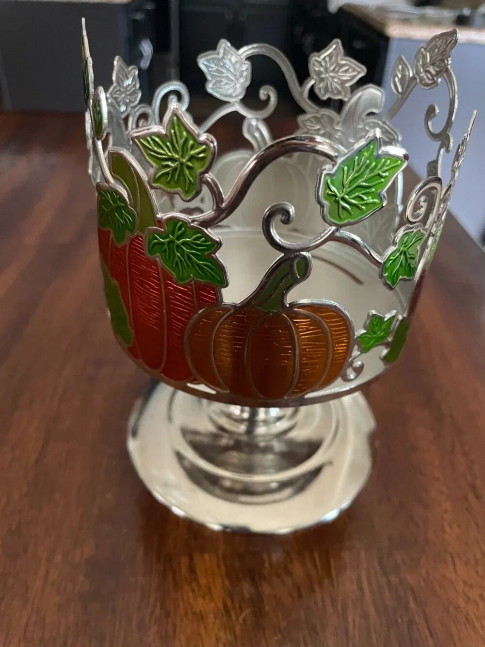 Bath & Body Works Pumpkin Pattern Metal 3 Wick Candle Pedestal Holder!